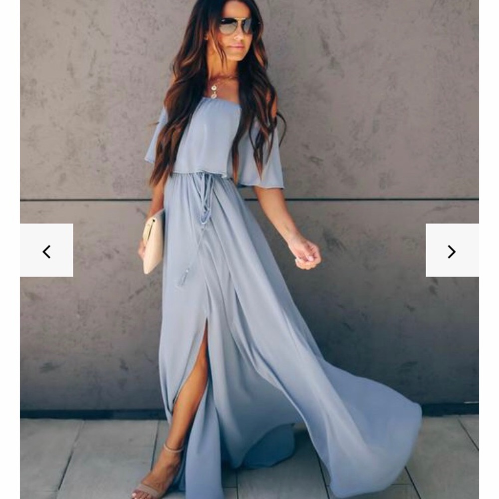 Dusty blue off the shoulder chiffon maxi dress